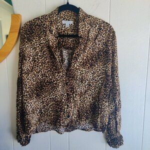 Dressy Blouse in a Leopard Print, V neck & button down front. Long Sleeved  Cuff
